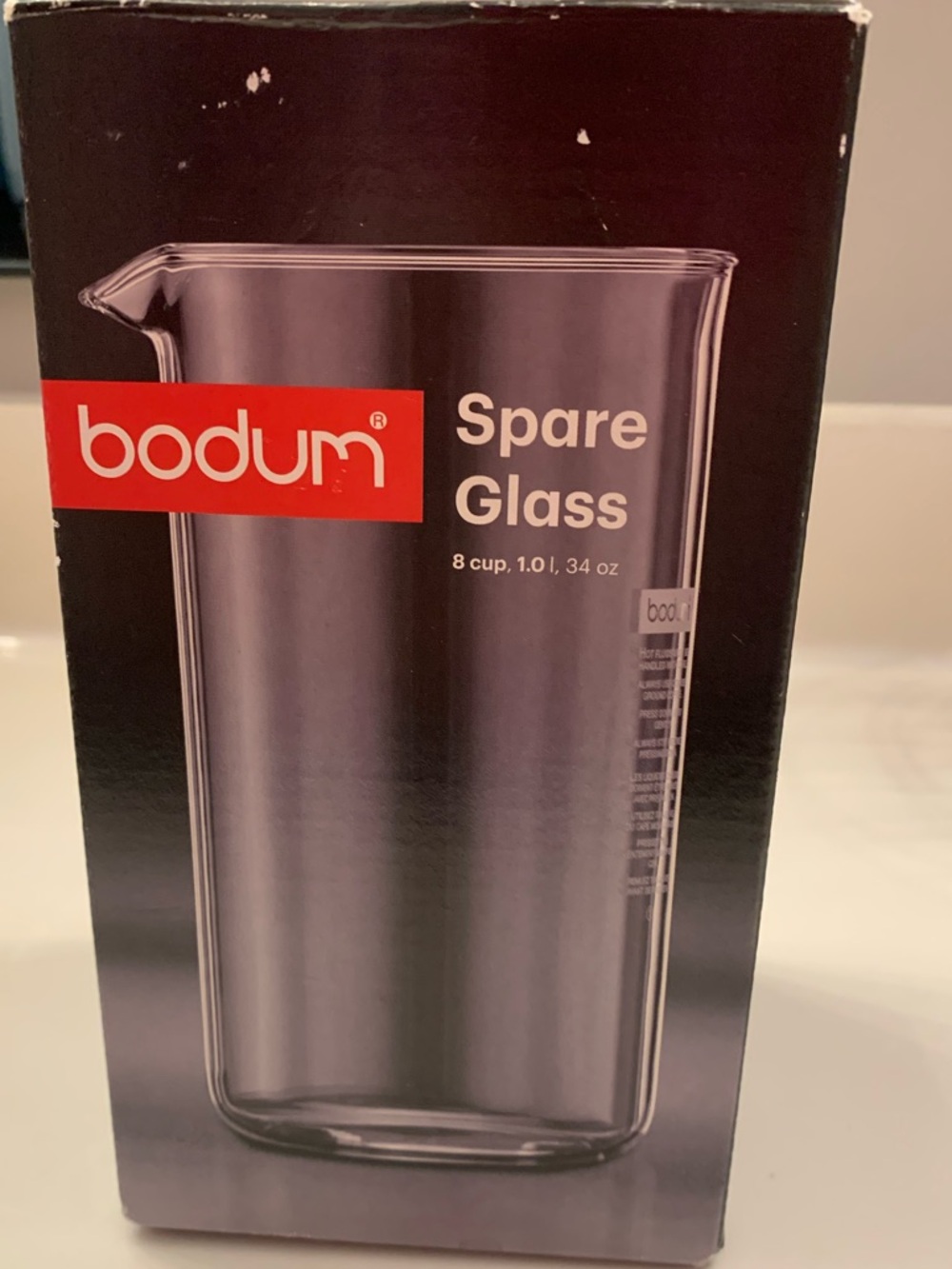 Bodum Clear Glass Beaker with Red Logo on Black Box